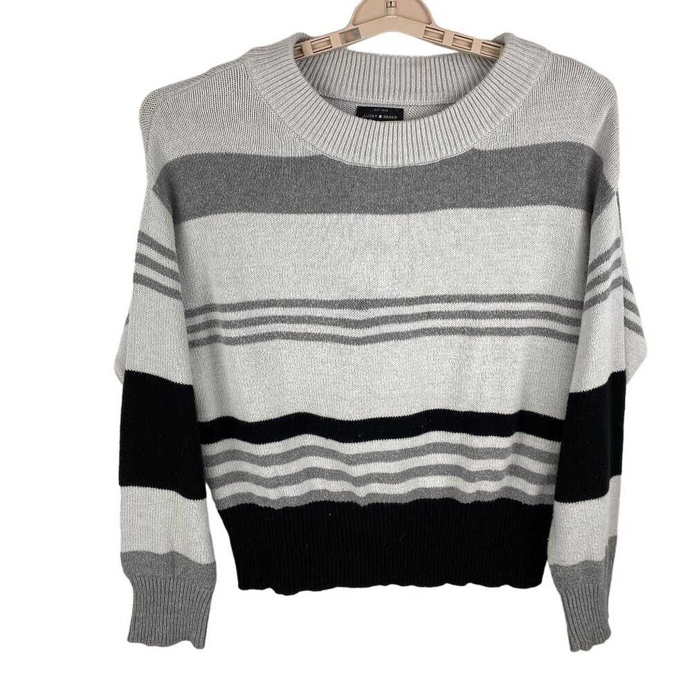 Lucky Brand Women Small Grandpa Core Comfy Black Gray Oversized Striped Sweater